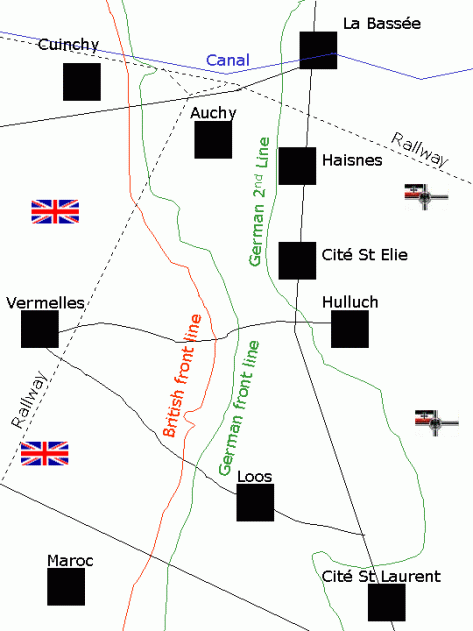 Battle of Loos Hohenzollern Redoubt. Sgowing Auchy Vermelles and Loos with Hulluch Alley